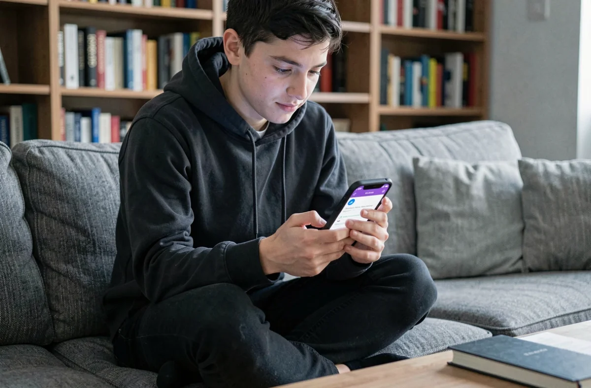 Jeune personne consultant un email de réinitialisation de mot de passe Moodle sur smartphone depuis son canapé