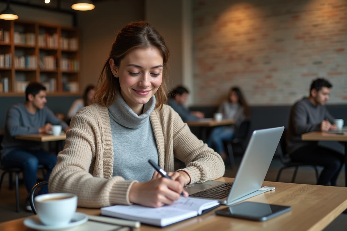 Jeune enseignante calculant son salaire contractuel sur tablette dans un espace de coworking