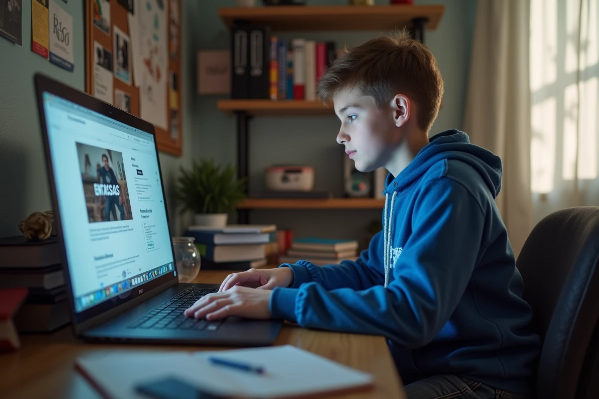 Jeune garçon en hoodie bleu utilisant un ordinateur portable dans sa chambre