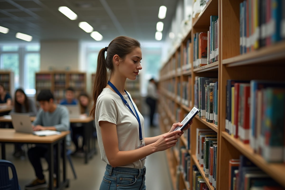 Jeune femme organise des livres dans une bibliothèque universitaire