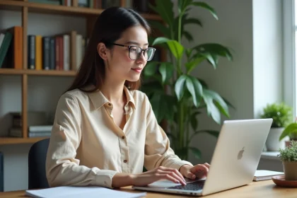 Jeune femme concentrée sur son ordinateur dans un bureau moderne