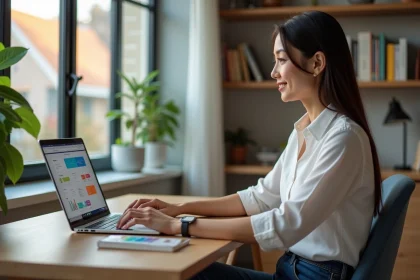 Jeune femme au bureau avec ordinateur portable et dashboard