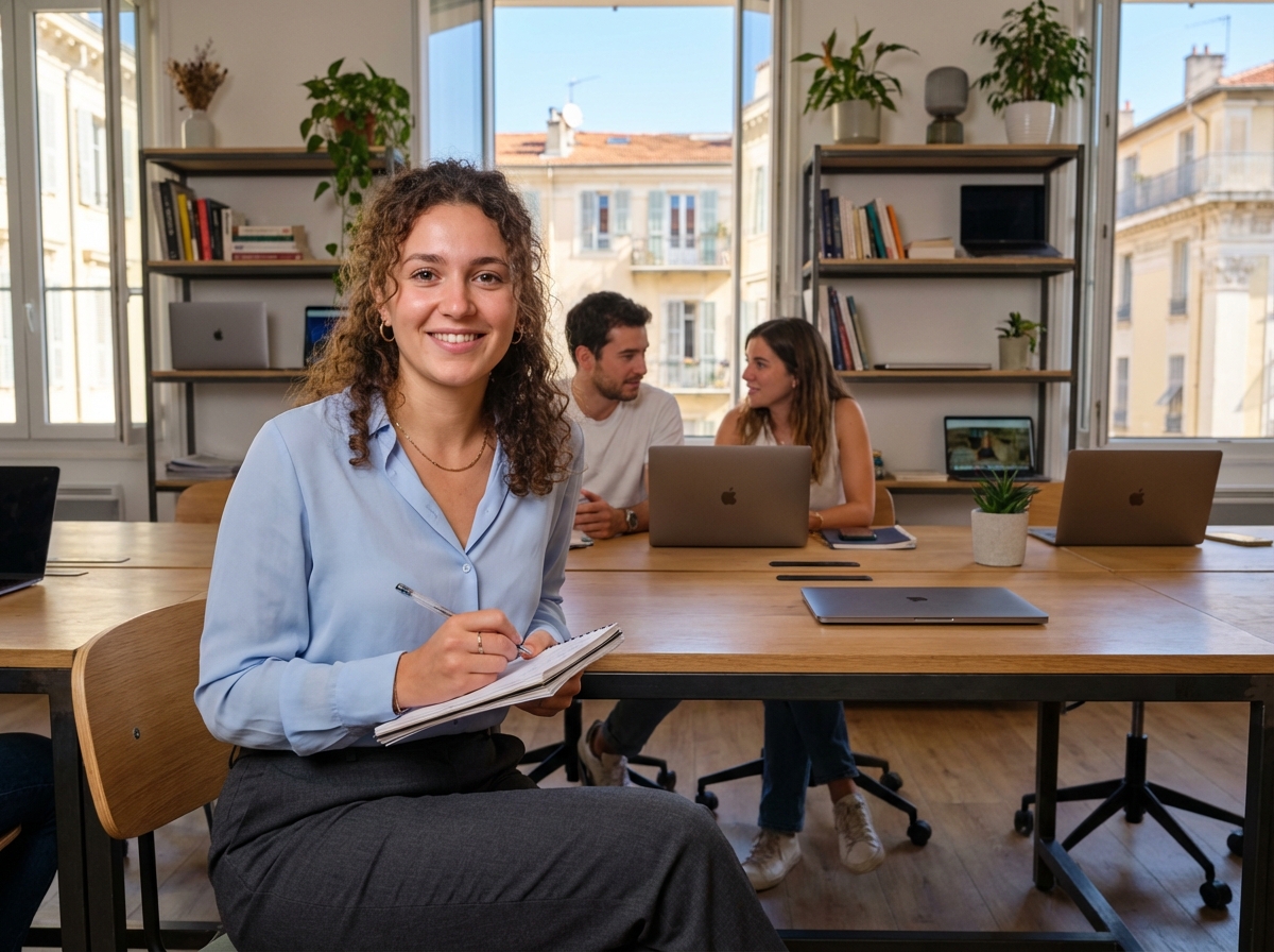 Jeune femme souriante prenant des notes dans un espace de coworking &agrave; Nice