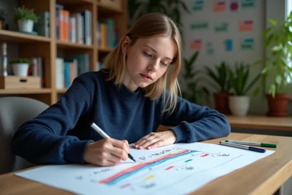 Jeune femme en sweater dessinant une timeline dans un bureau