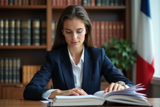 Jeune femme en droit consulte un code juridique dans un bureau moderne