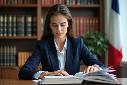 Jeune femme en droit consulte un code juridique dans un bureau moderne