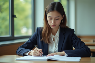 Jeune femme en classe regardant ses notes avec concentration