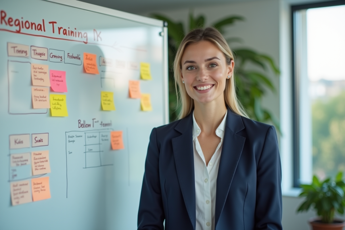 Jeune femme professionnelle devant tableau blanc en formation
