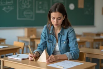 Jeune femme mesure une pyramide en bois dans une classe