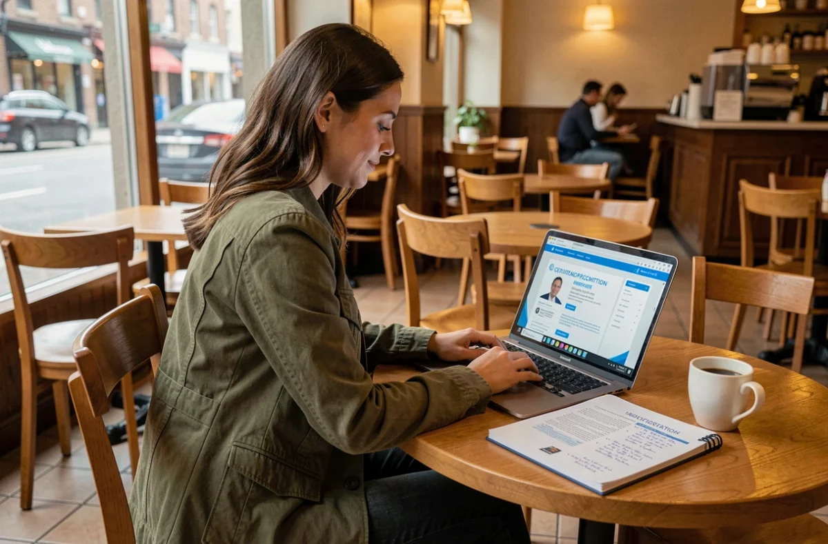 Jeune femme effectuant des recherches sur les titres professionnels et diplômes dans un café avec un ordinateur portable