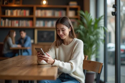 Jeune femme avec smartphone dans un caf&eacute; cosy