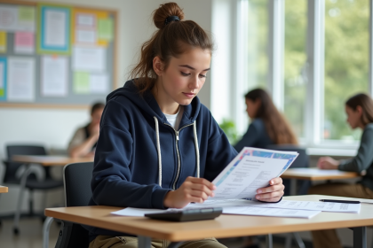 Jeune femme en hoodie bleu examine ses chiffres de salaire