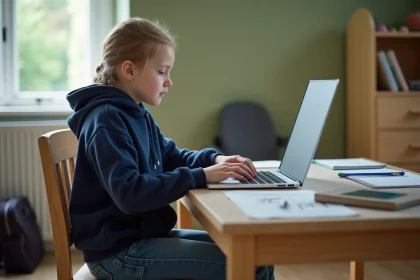 Jeune fille en hoodie assise &agrave; son bureau avec ordinateur portable