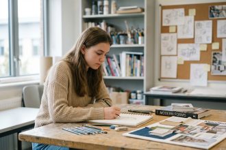 Jeune fille concentrée dessinant dans une salle de classe moderne