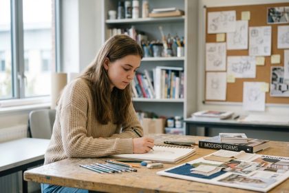 Jeune fille concentr&eacute;e dessinant dans une salle de classe moderne