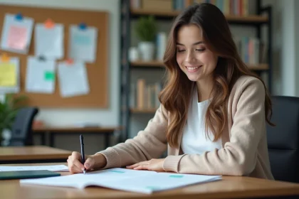 Jeune femme &eacute;tudiant &agrave; un bureau dans une salle de classe