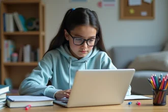 Jeune fille avec hoodie lisant sur son ordinateur à la maison