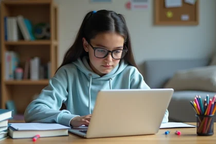 Jeune fille avec hoodie lisant sur son ordinateur à la maison