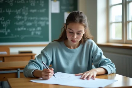 Jeune femme écrit des formules de trigonometrie en classe