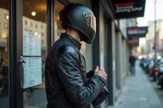 Jeune homme de 18 ans en veste moto devant une auto-école consultant un panneau d'informations sur le permis A2
