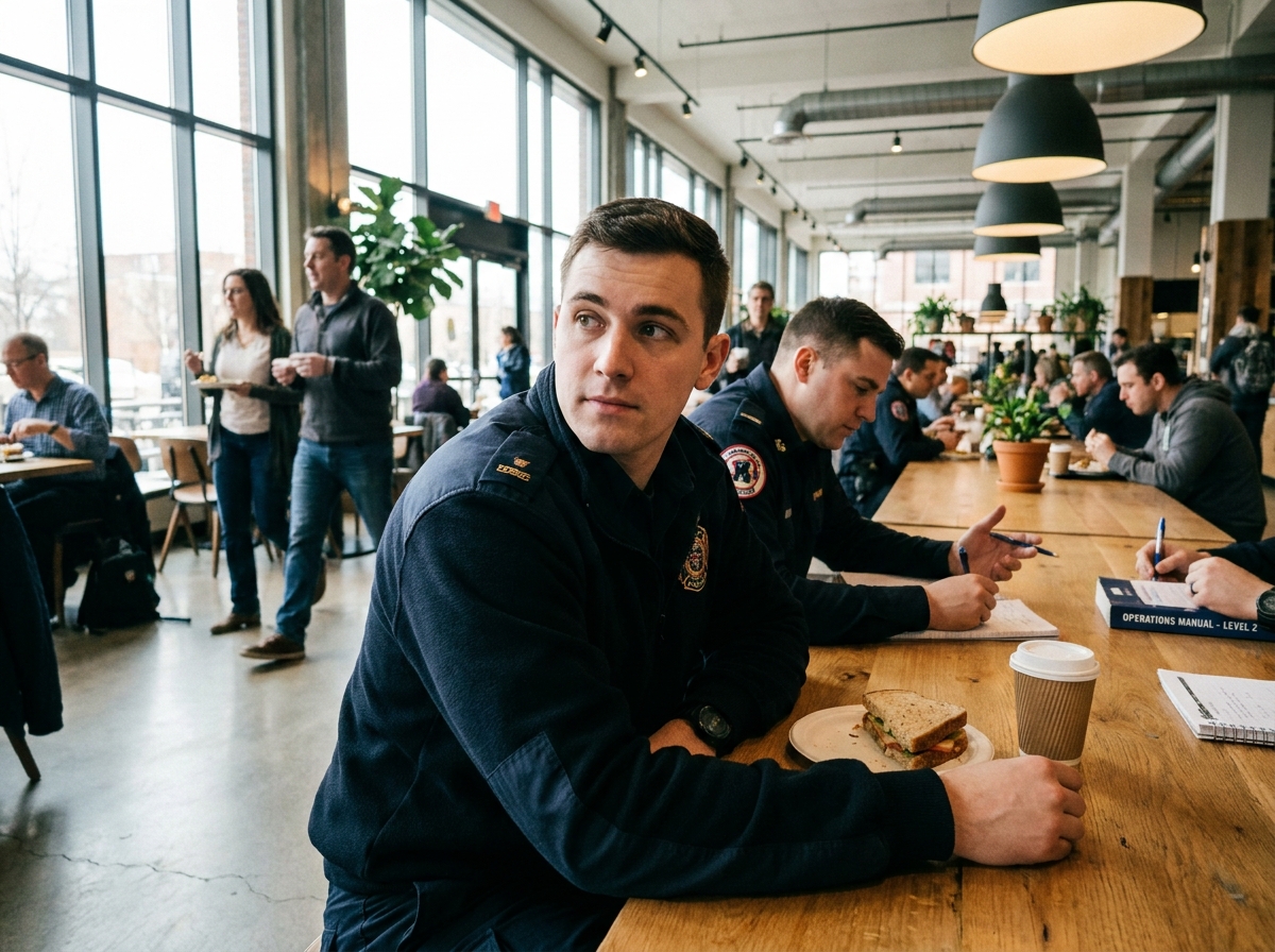 Jeune homme en formation dans une cafetéria lumineuse