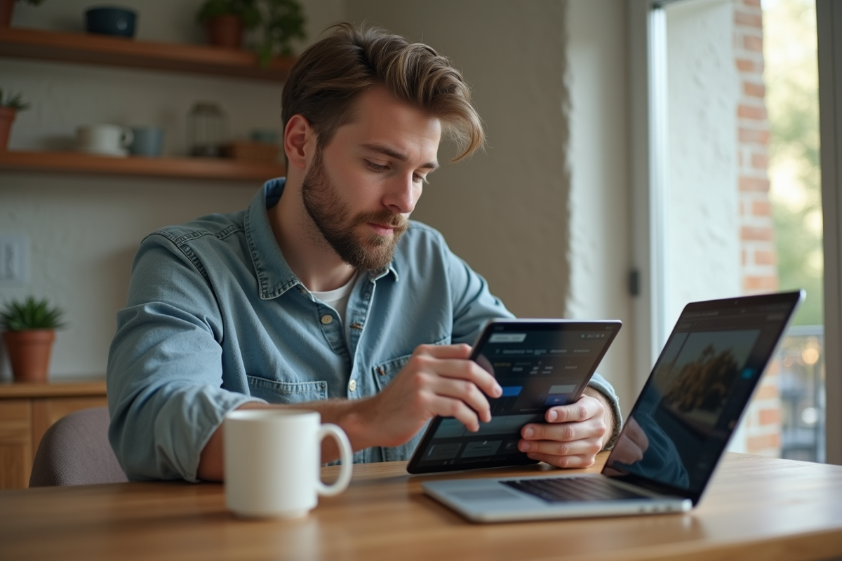 Jeune homme utilisant une tablette dans une cuisine lumineuse