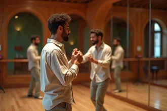 Jeune homme en tenue légère pratique le zouk devant miroir
