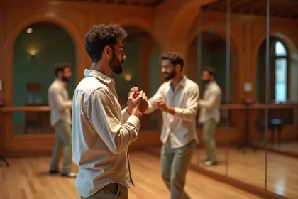 Jeune homme en tenue légère pratique le zouk devant miroir