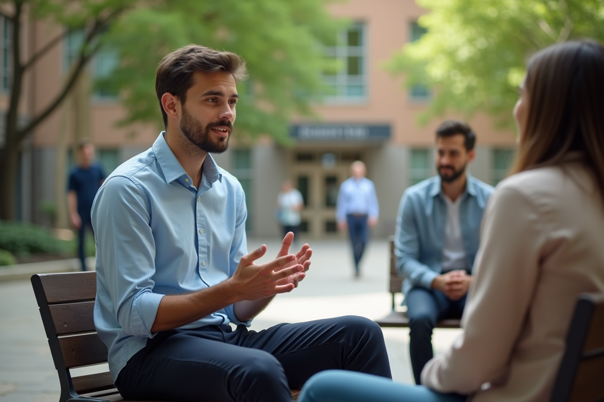 Jeune homme en chemise bleue parlant en extérieur