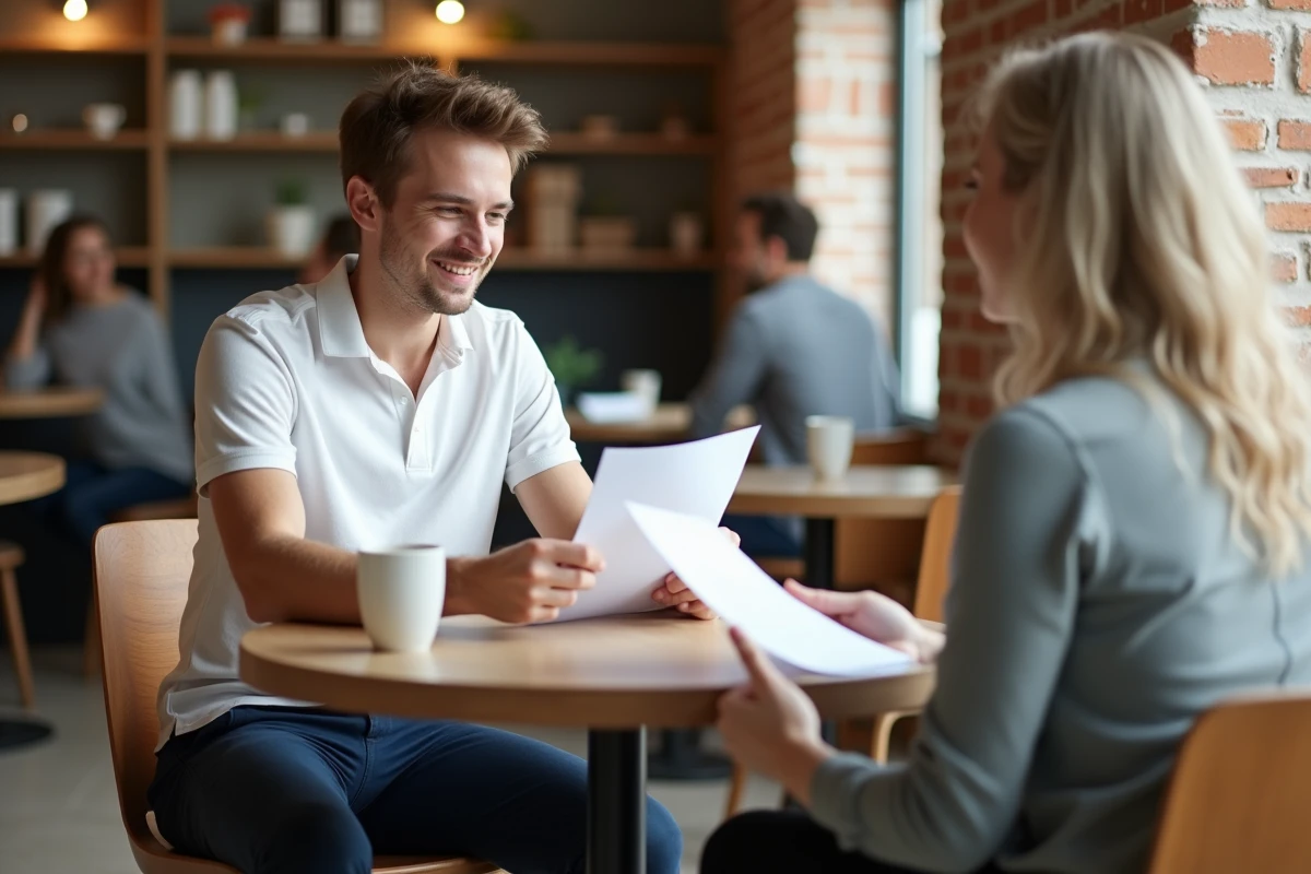 Jeune homme présentant sa lettre de motivation lors d'un entretien informel pour un job étudiant