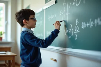 Jeune garçon concentré écrivant une équation de tangente en classe