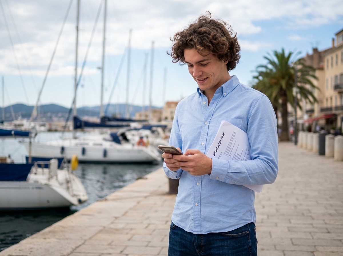 Jeune homme regardant son smartphone près du port à Toulon