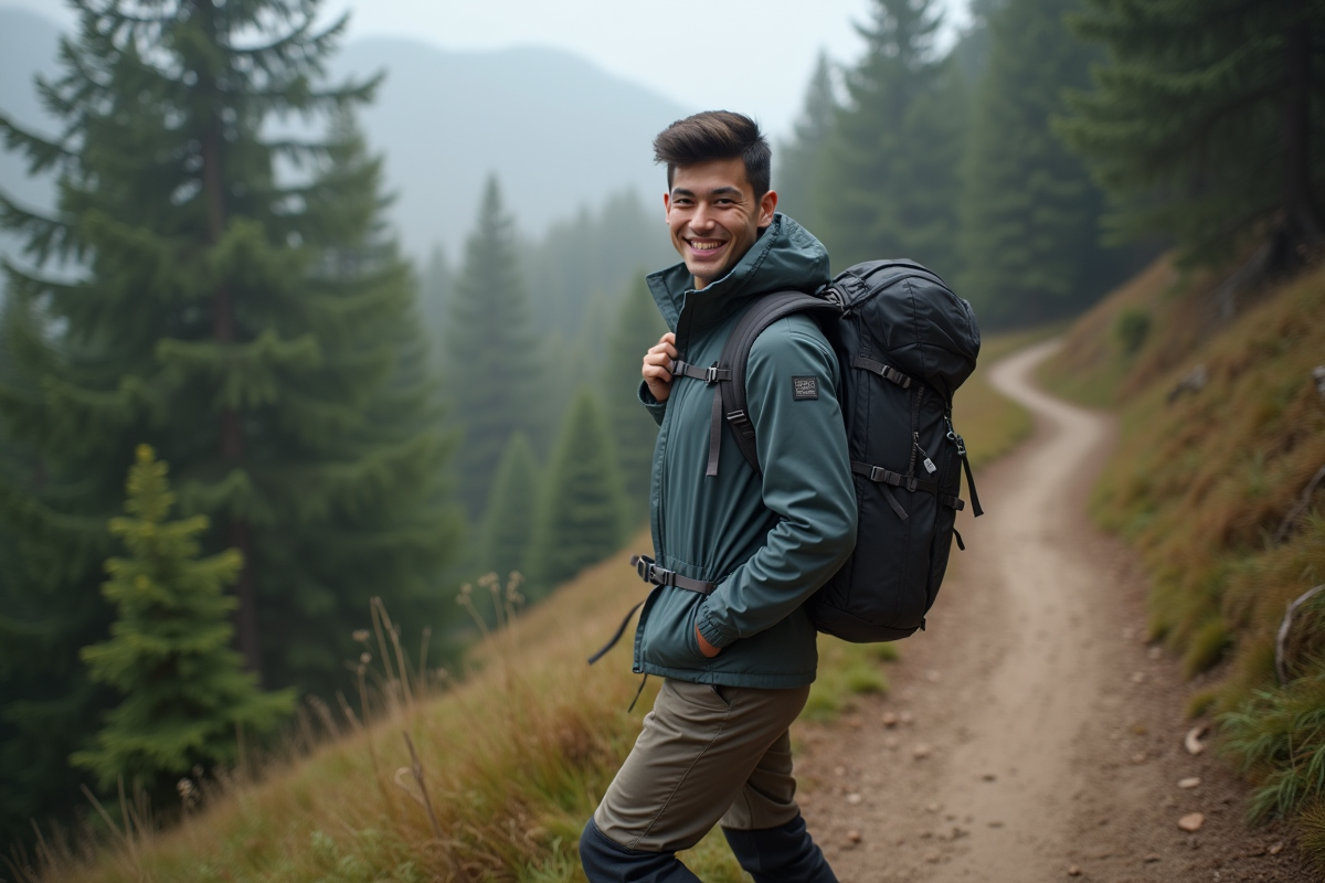 Jeune homme en randonnée dans la forêt
