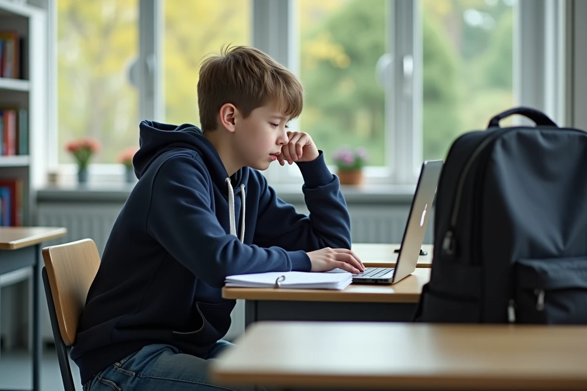 Adolescent en hoodie regardant son ordinateur en classe