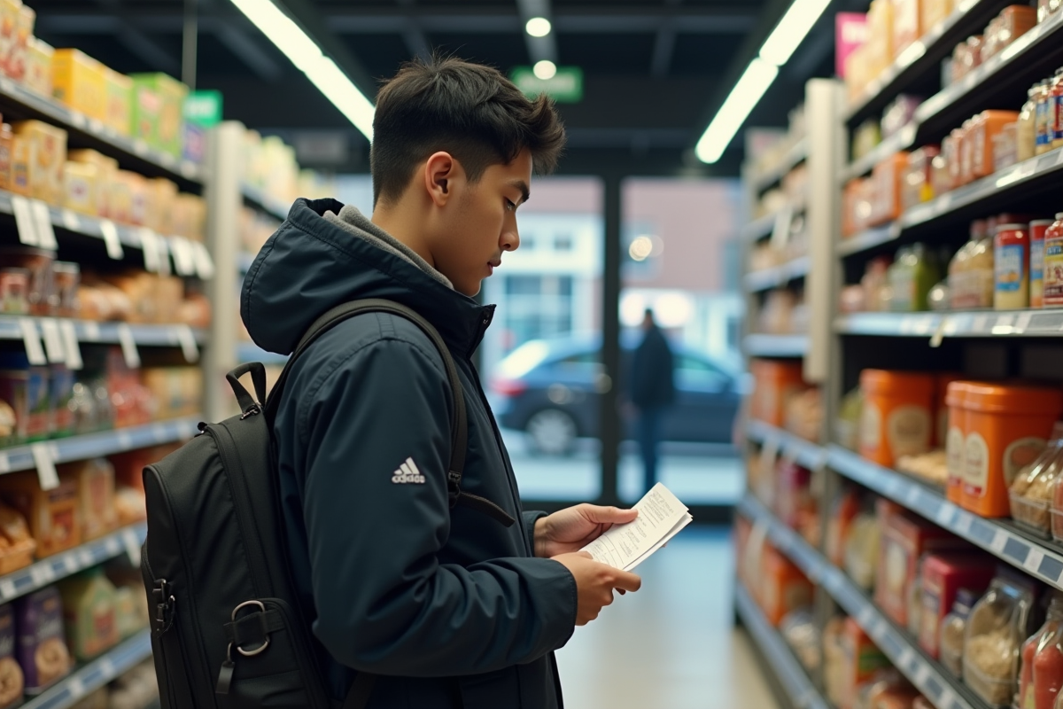 Jeune homme vérifiant les prix dans un supermarché londonien