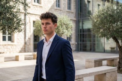 Jeune homme confiant dans une cour d'universit&eacute; &agrave; Nice