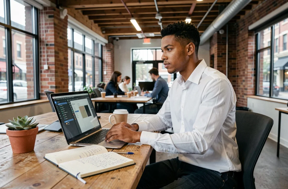 Jeune professionnel en reconversion travaillant en co-working sur un projet digital sans passer par un diplôme