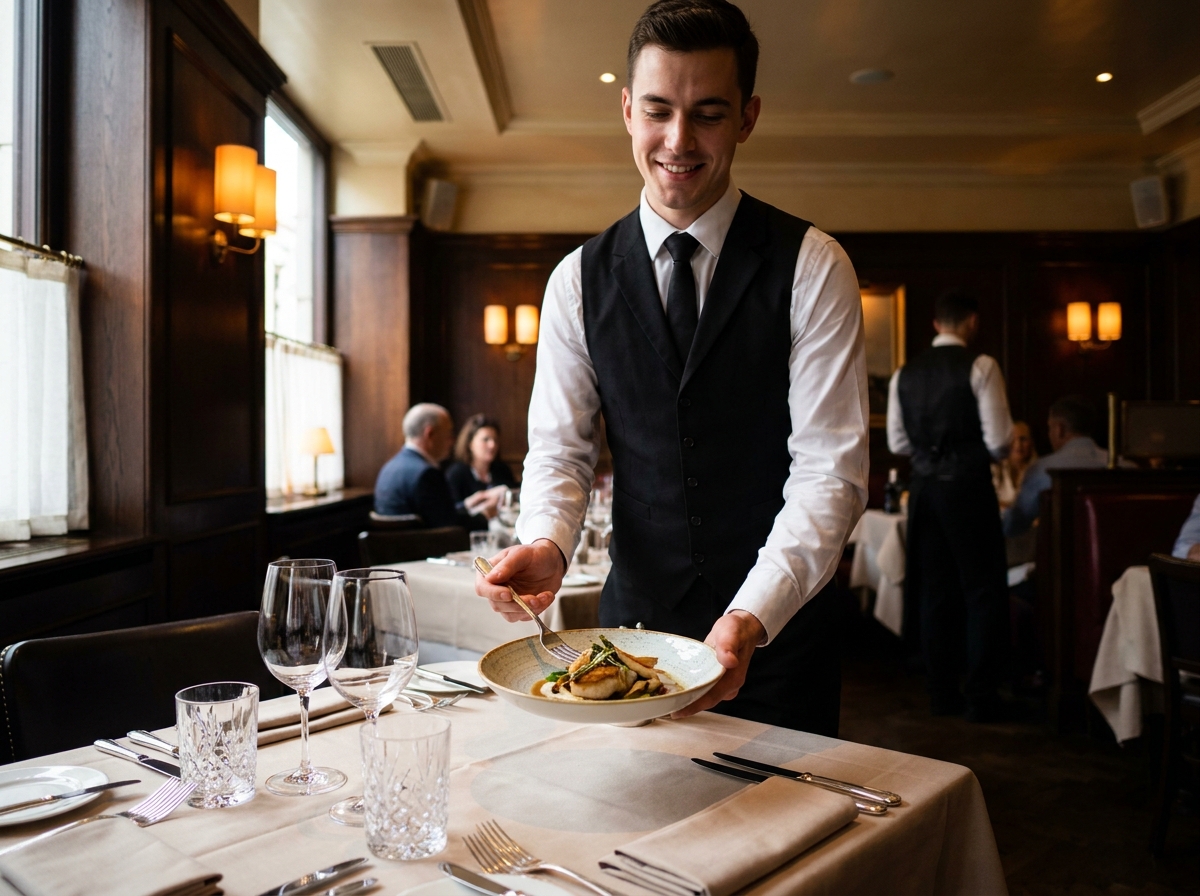 Jeune professionnel en formation restauration servant un plat gastronomique dans un restaurant élégant