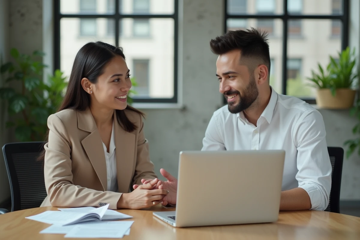 Deux jeunes diplômés ENSAM collaborant sur leur projet professionnel en utilisant la plateforme LISE pour décrocher un emploi