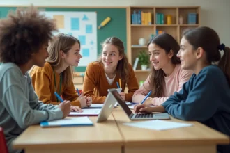 Groupe d'adolescents en classe moderne en discussion