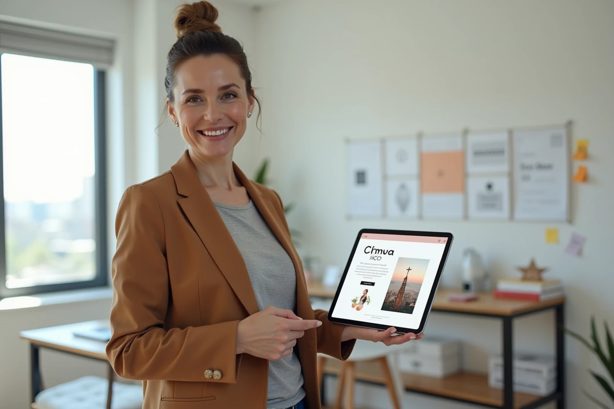 Femme professionnelle présentant un kit de personal branding créé avec Canva via la formation gratuite Formezvousrapidement.fr