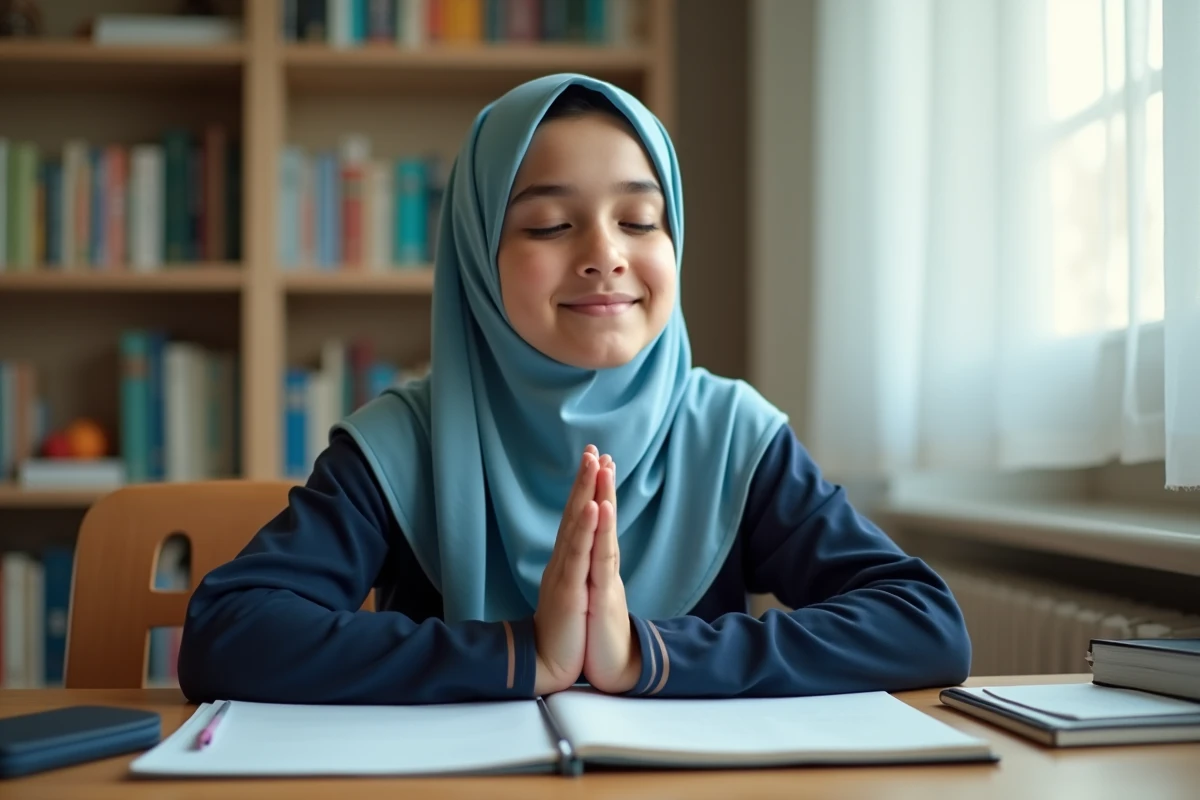 Jeune lycéenne en hijab faisant une prière silencieuse avant un contrôle scolaire à son bureau