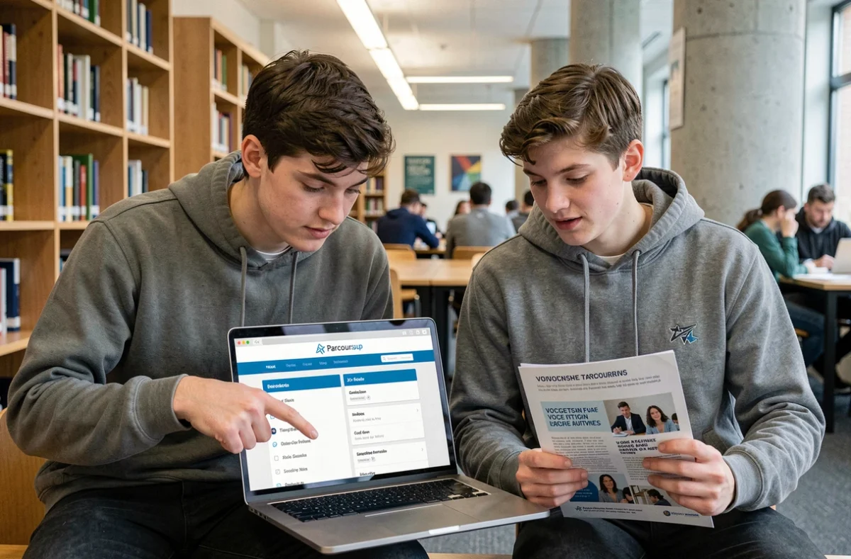 Deux lycéens explorant ensemble les métiers en Z sur Parcoursup dans une bibliothèque scolaire