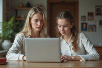 Maman et fille regardent un ordinateur pour l'école