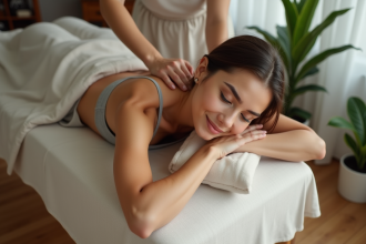 Femme détendue recevant un massage dans un studio zen