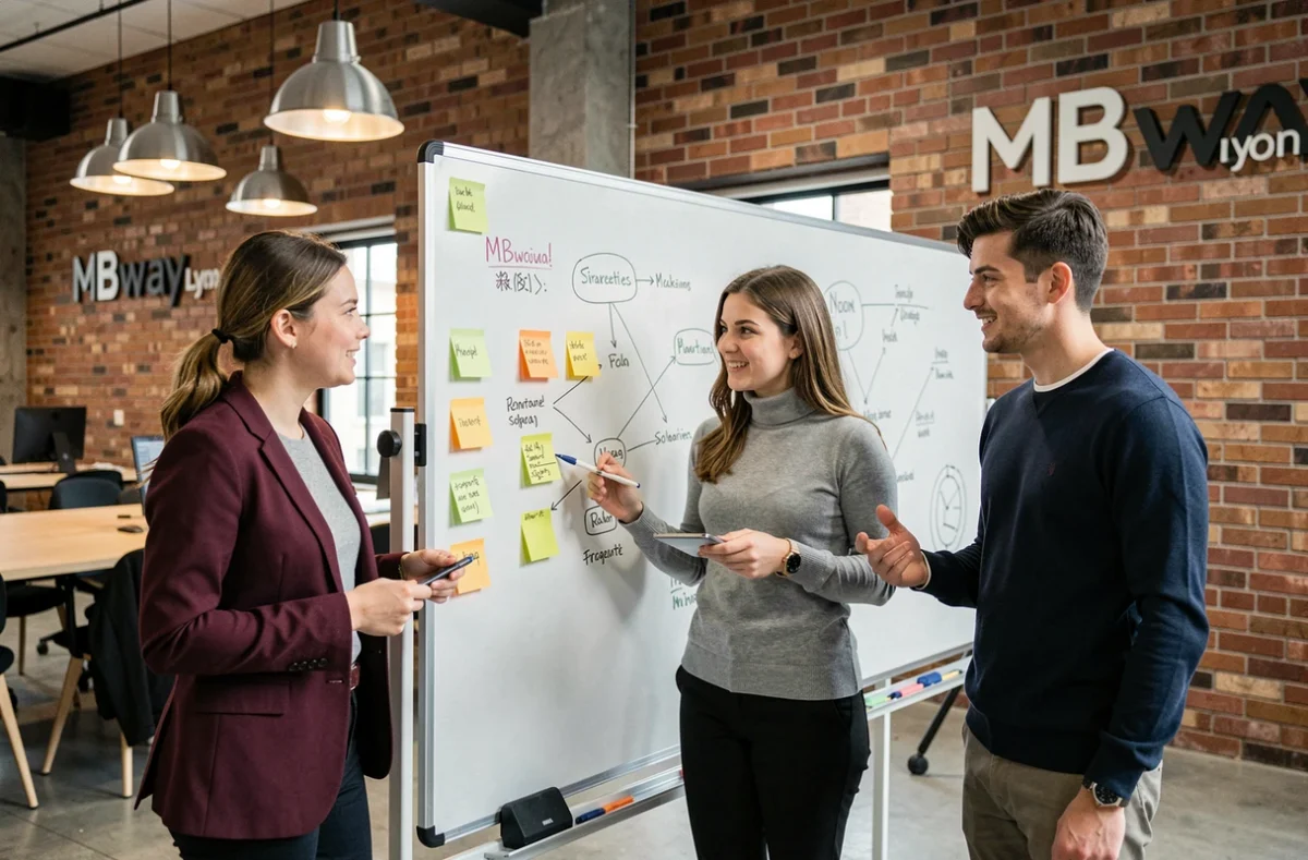 Étudiants de MBway Lyon collaborant sur un projet marketing autour d'un tableau blanc