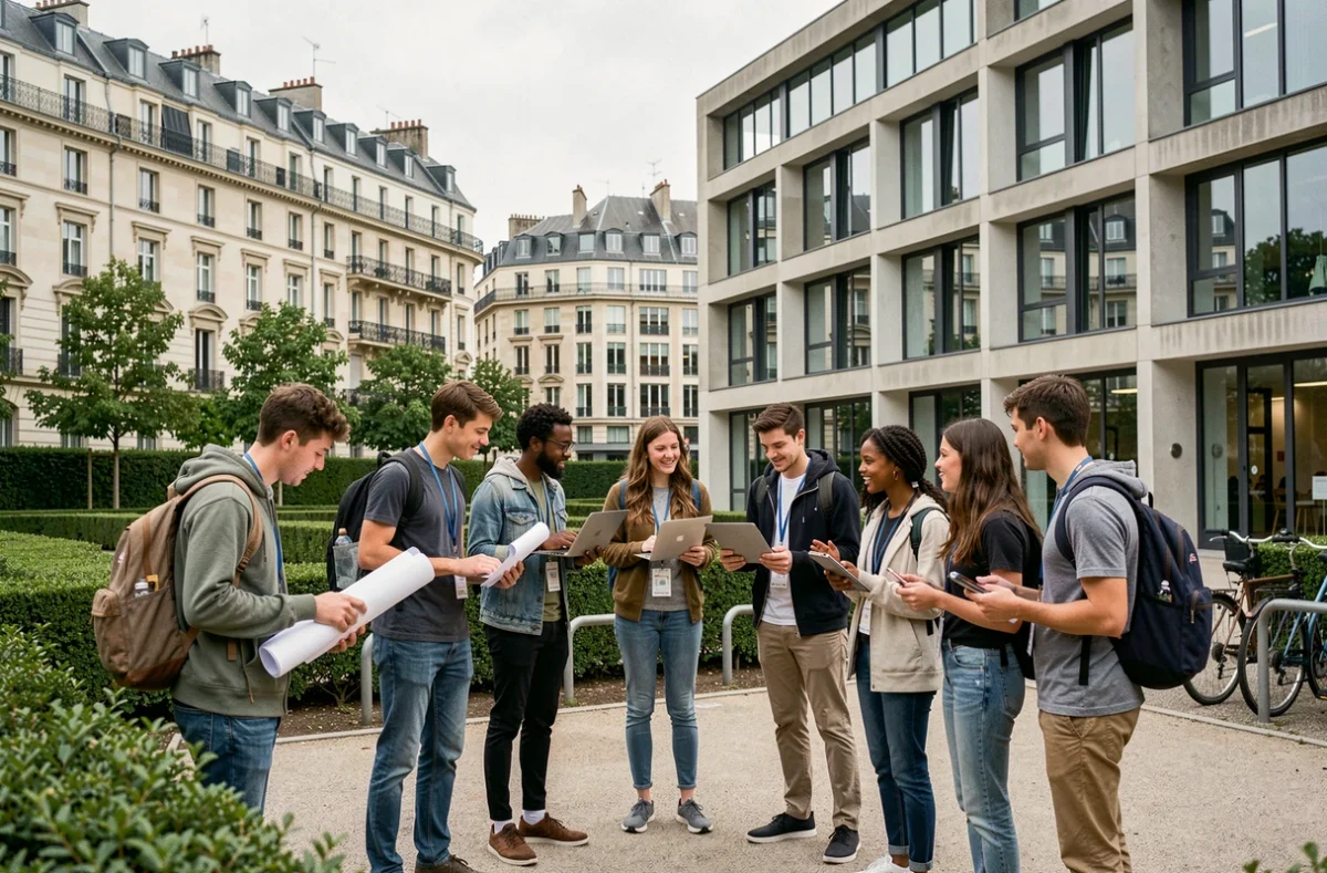 Étudiants ingénieurs sur un campus moderne du Val-de-Marne, discutant devant un bâtiment universitaire contemporain