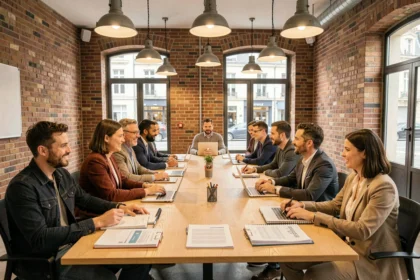 Groupe d'adultes en formation dans un centre moderne des Hauts-de-France, autour d'une table avec ordinateurs et supports pédagogiques
