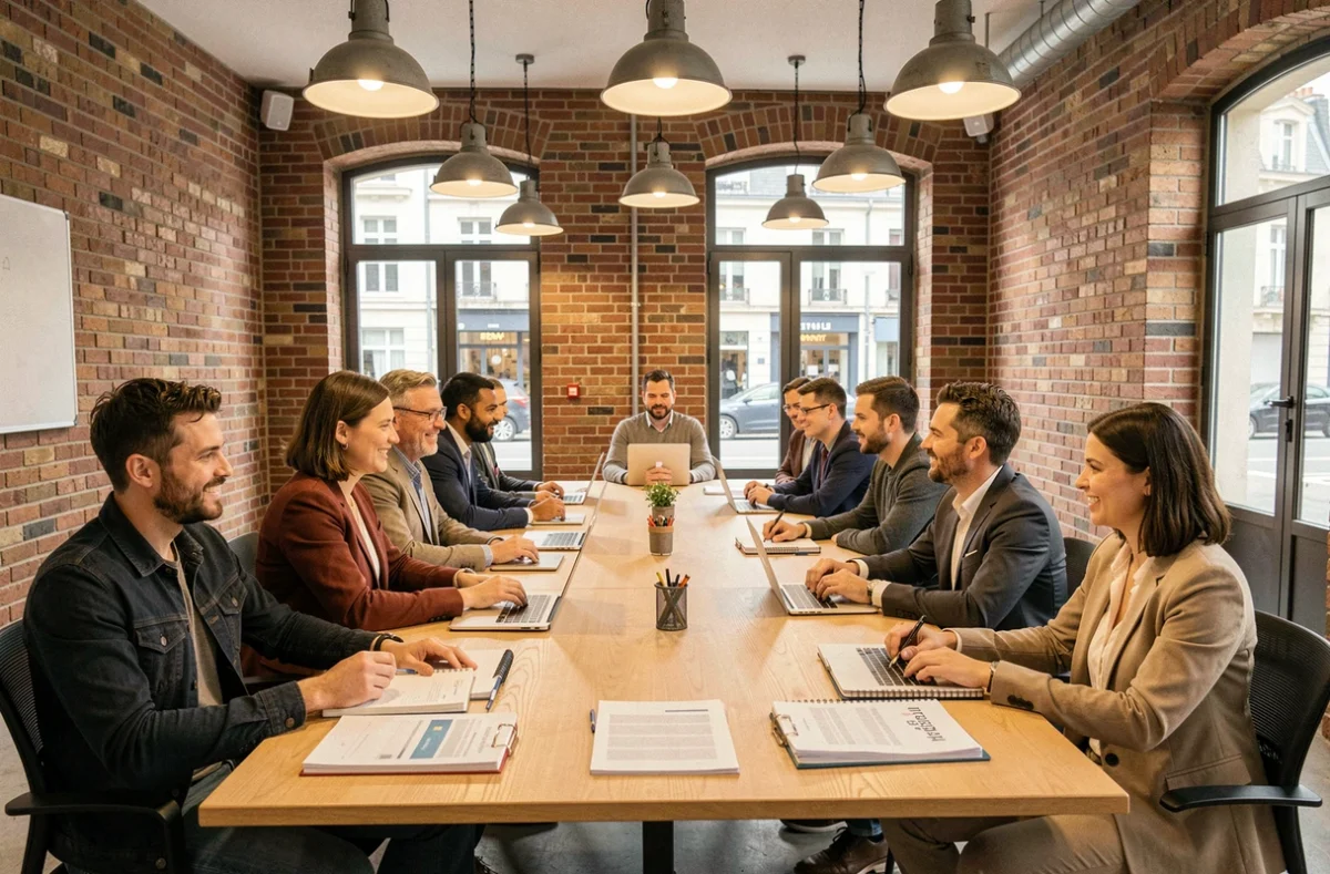 Groupe d'adultes en formation dans un centre moderne des Hauts-de-France, autour d'une table avec ordinateurs et supports pédagogiques