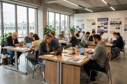 Vue panoramique d'un centre de formation moderne dans le Rhône avec des apprenants adultes en salle de cours collaborative